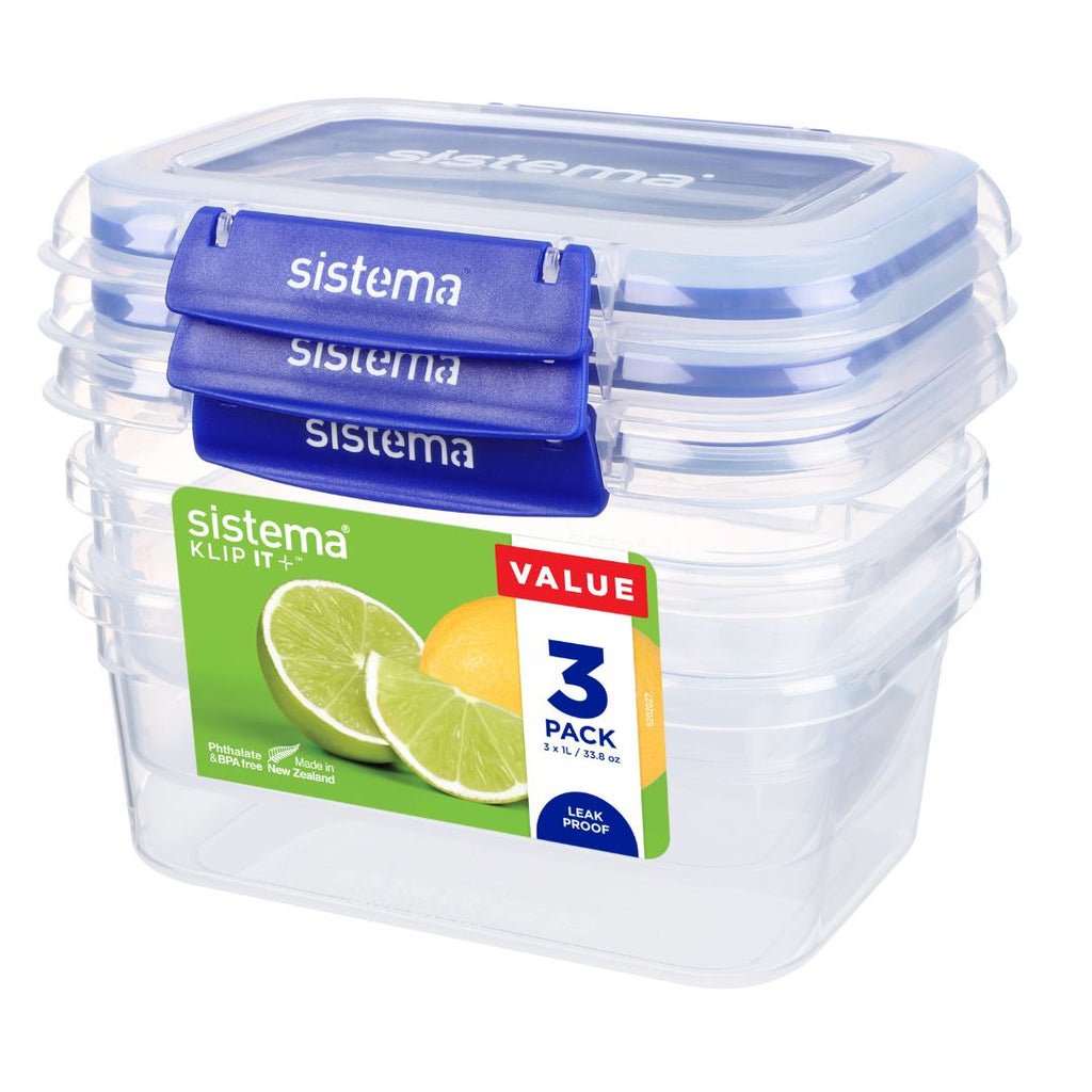 1 Litre Rectangle Klip It Plus - 3 Pack