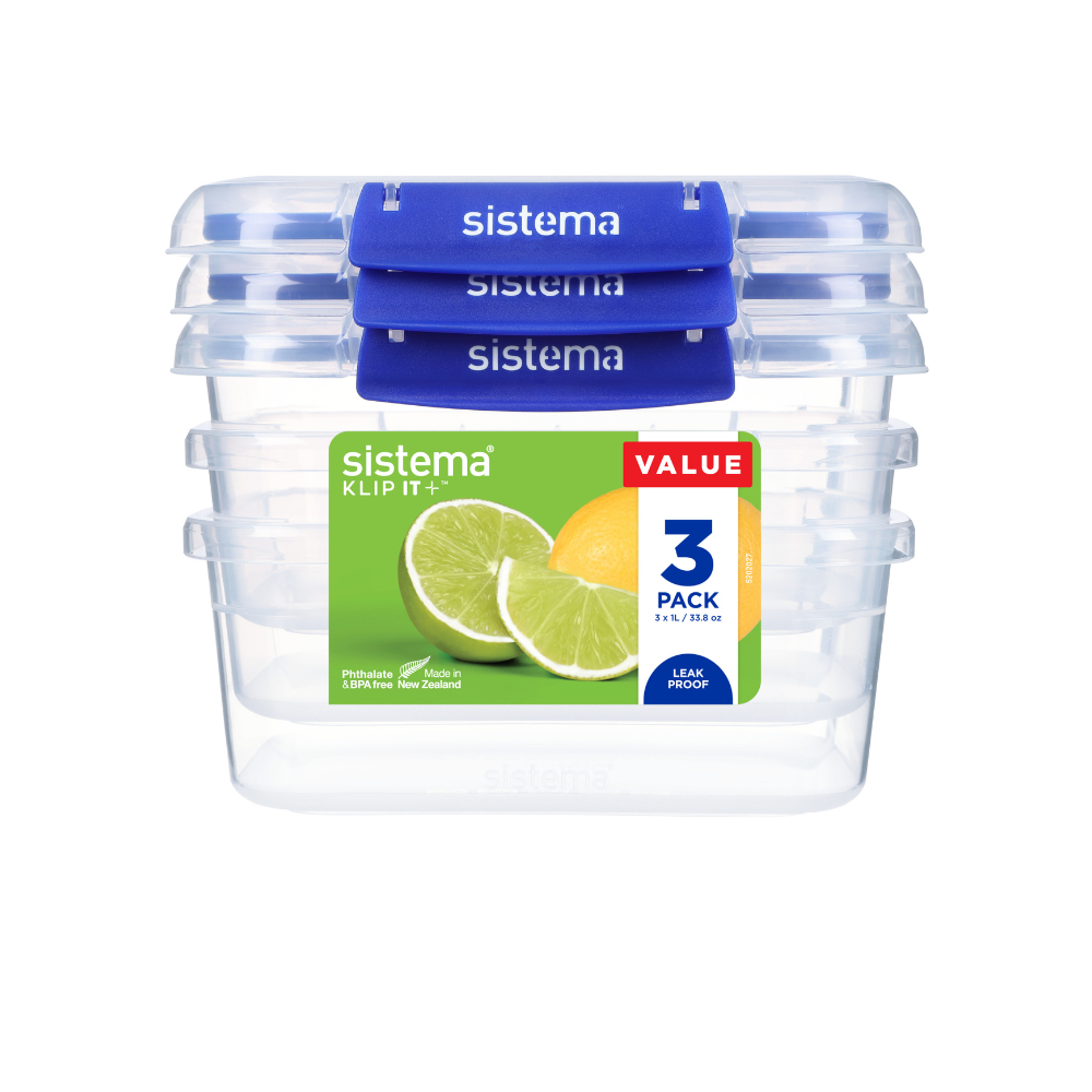 1 Litre Rectangle Klip It Plus - 3 Pack